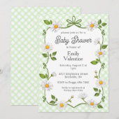 017 Moss Green Floral Daisy Plaid Baby Shower Einladung (Vorne/Hinten)