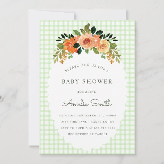 017 Moss Green Gingham Baby Shower Invitations Einladung (Vorderseite)