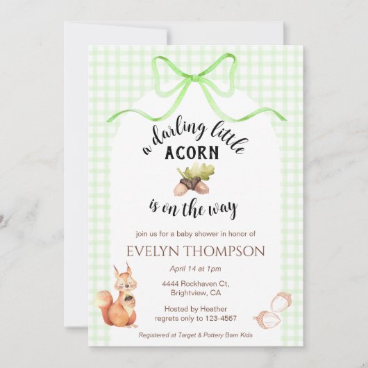 017 Moss Green Squirrel Acorn Gingham Baby Shower Einladung (Vorderseite)