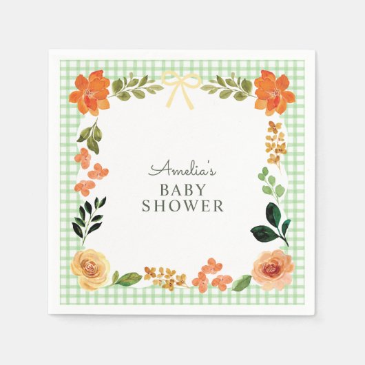 018 Grasgrüne florale Gingham-Baby-Shower Serviette (Vorderseite)