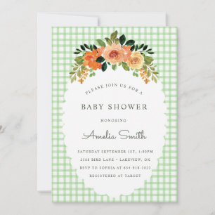 018 Grasgrüne Gingham-Baby-Shower-Einladungen Einladung