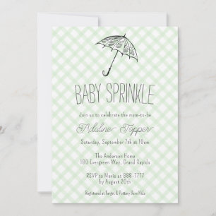 018 Grasgrüne Gingham-Babyschauer-Regenschirm Einladung