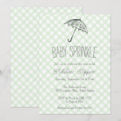 018 Grasgrüne Gingham-Babyschauer-Regenschirm Einladung (Vorne/Hinten)