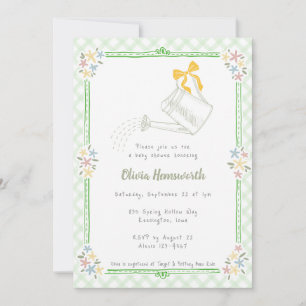 018 Grasgrüne Gingham-Gießkanne Baby Shower Einladung