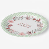 018 Grasgrüne Wildblumen-Bogenrahmen Gingham Pappteller (Schrägansicht)