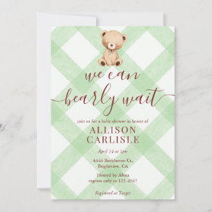 018 Grasgrüner Teddybär Gingham-Baby-Party-Einladu Einladung
