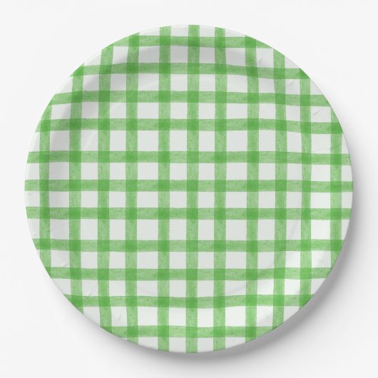 018 Grasgrünes Wasserfarben-Gingham-L-Papiertablet Pappteller (Vorderseite)