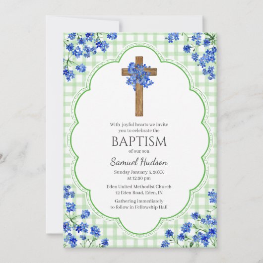 018 Grass Blossom Rustic Cross Design Baptism Einladung (Vorderseite)
