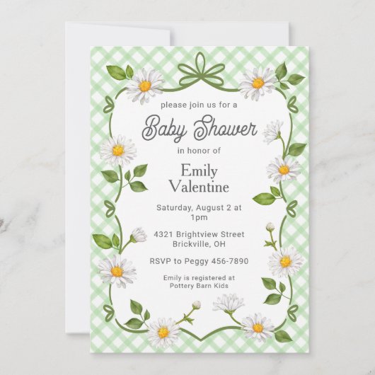 018 Grass Green Floral Daisy Plaid Baby Shower Einladung (Vorderseite)