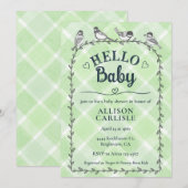 018 Grass Watercolor Gingham Birds Baby Shower Einladung (Vorne/Hinten)