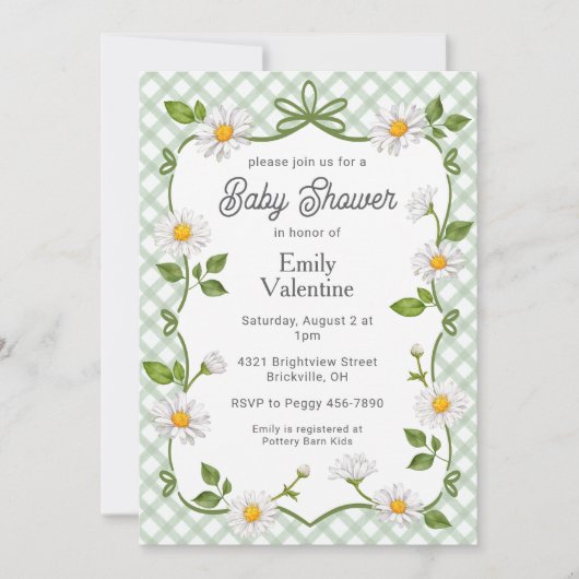 019 Forest Green Floral Daisy Plaid Baby Shower Einladung (Vorderseite)