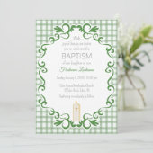 019 Forest Scroll Gingham Cross Candle Baptism Einladung (Stehend Vorderseite)