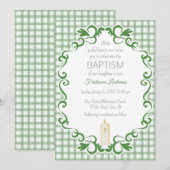 019 Forest Scroll Gingham Cross Candle Baptism Einladung (Vorne/Hinten)