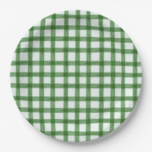 019 Waldgrün Wasserfarbe Gingham L Papierplatten Pappteller