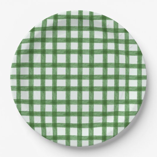 019 Waldgrün Wasserfarbe Gingham L Papierplatten Pappteller (Vorderseite)