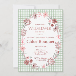 019 Waldgrüne Wildblumen-Schleife Kariert Baby-Par Einladung