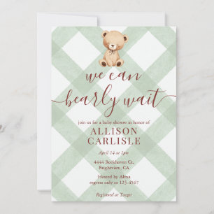 019 Waldgrüner Teddybär Gingham-Baby-Einladung Einladung