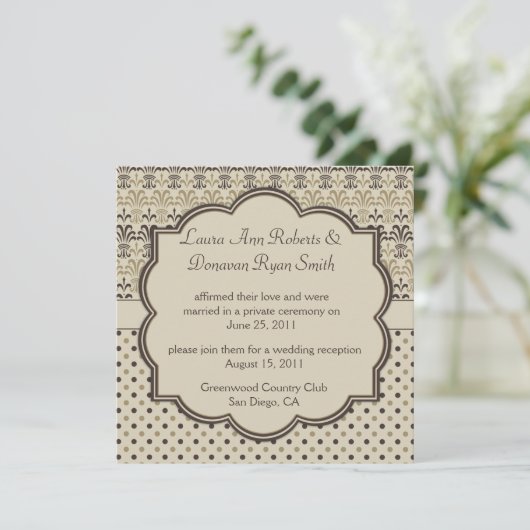 01 Braun Tan Cream Damask Dots Post Hochzeit Einladung (Stehend Vorderseite)