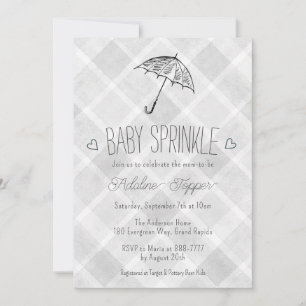 020 Fog Grau Kariert Regenschirm Baby Sprinkle Sho Einladung