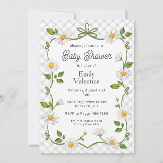 020 Fog Grey Floral Daisy Plaid Baby Shower Einladung (Vorderseite)