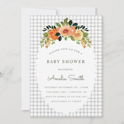 020 Fog Grey Floral Gingham Baby Shower Invitation Einladung (Vorderseite)