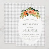 020 Fog Grey Floral Gingham Baby Shower Invitation Einladung (Vorne/Hinten)