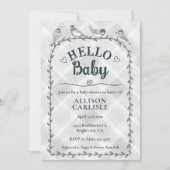 020 Fog Grey Watercolor Gingham Birds Baby Shower Einladung (Vorderseite)