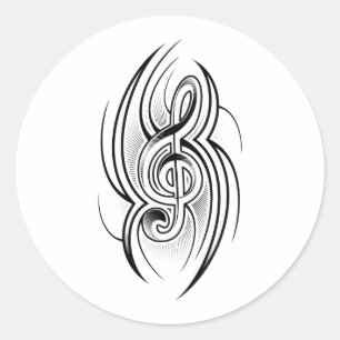 028 SCHWARZ-WEISSER TREBLE CLEF TATTOO VECTOR DESI RUNDER AUFKLEBER