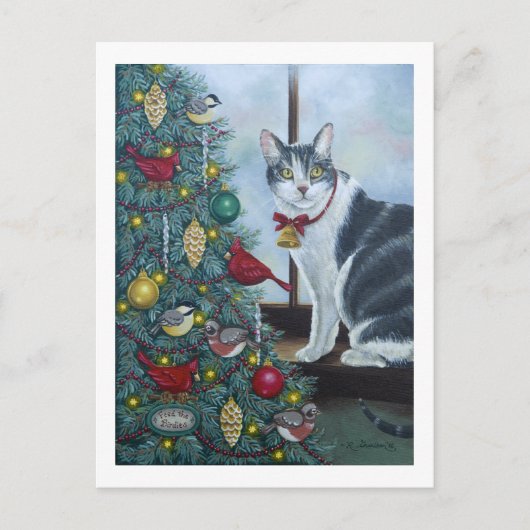 0417 Cat & Christmas Tree Postcard Feiertagspostkarte (Vorderseite)