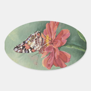 0461 Gemäldete Lady Butterfly auf Zinnia Ovaler Aufkleber