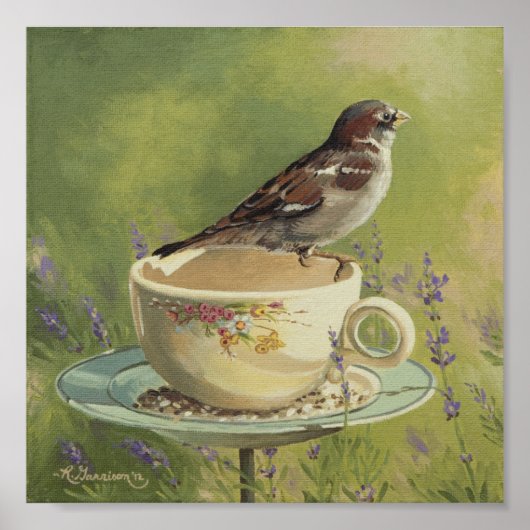 0470 Sparrow on Teacup Art Print Poster (Vorne)