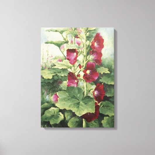 0536 Burgund Hollyhocks Wrapped Canvas Print Leinwanddruck (Vorderseite)