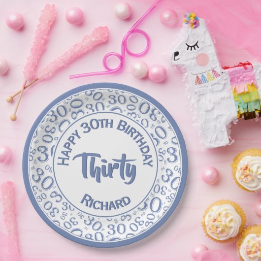 0. Random Number Pattern Blau/Weiß Pappteller (Party)