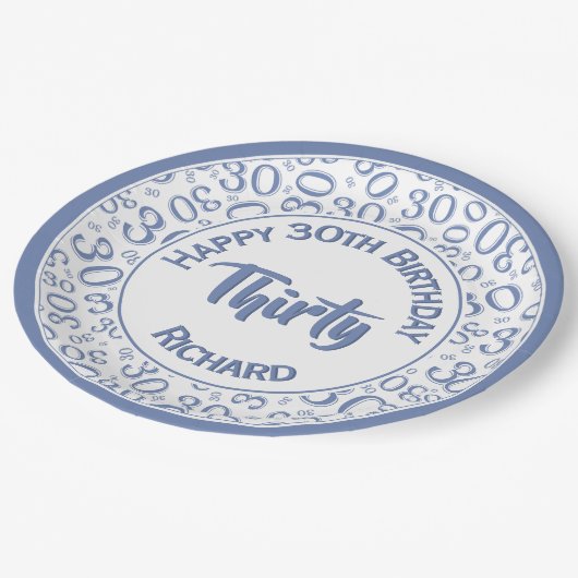 0. Random Number Pattern Blau/Weiß Pappteller (Schrägansicht)