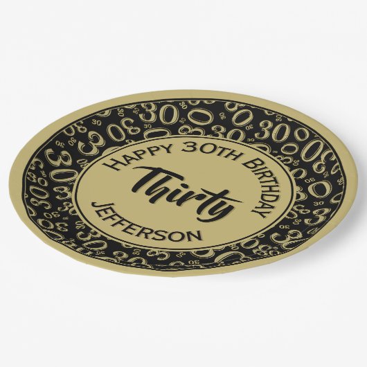 0th Random Number Pattern Schwarz/Gold Pappteller (Schrägansicht)