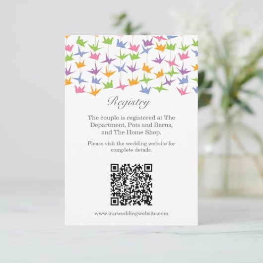 1000 Hanging Origami Paper Cranes Wedding Begleitkarte (Stehend Vorderseite)