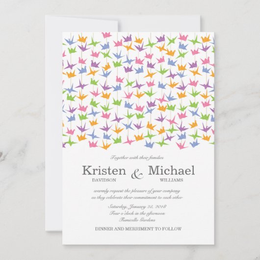 1000 Hanging Origami Paper Cranes Wedding Einladung (Vorderseite)