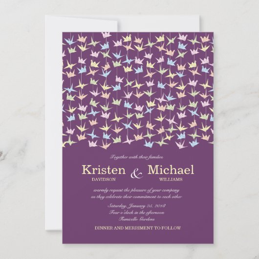 1000 Hanging Origami Paper Cranes Wedding (Lila) Einladung (Vorderseite)