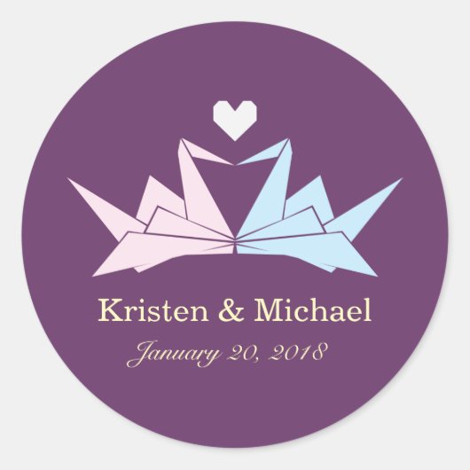 1000 Hanging Origami Paper Cranes Wedding (Lila) Runder Aufkleber (Vorderseite)