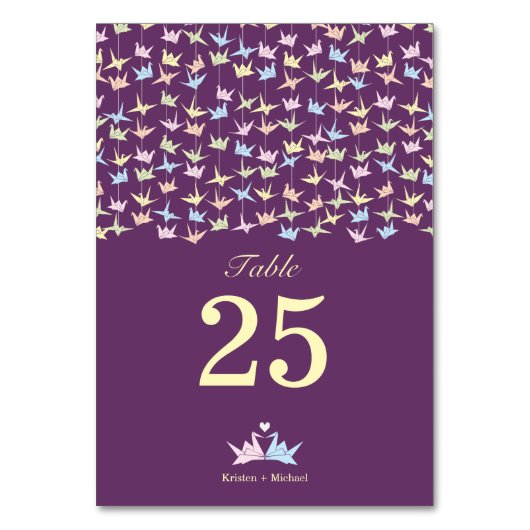 1000 Hanging Origami Paper Cranes Wedding (Lila) Tischnummer (Vorderseite)