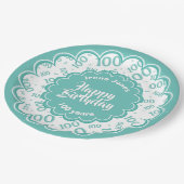 100. Aquamarin/weiß Zufallszahlenmuster Pappteller (Schrägansicht)