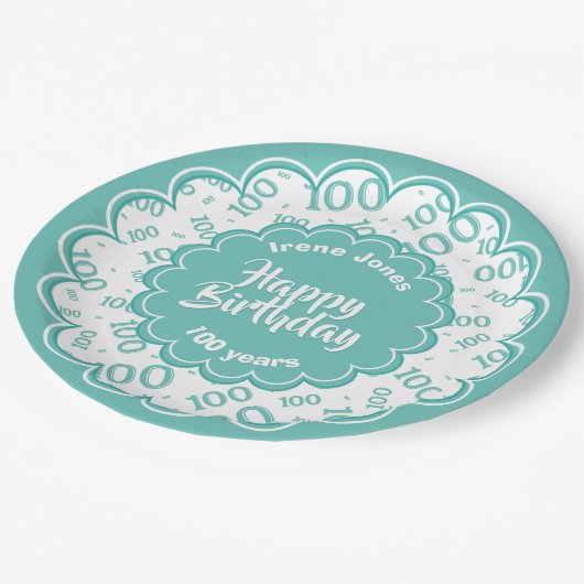 100. Aquamarin/weiß Zufallszahlenmuster Pappteller (Schrägansicht)