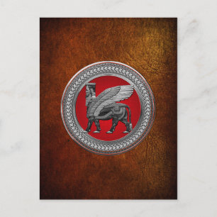 [100] Assyrian Winged Bull: Silver & Black Lamassu Postkarte