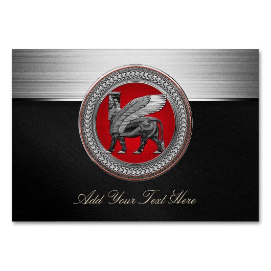 [100] Assyrian Winged Bull: Silver & Black Lamassu Tischnummer (Vorderseite)