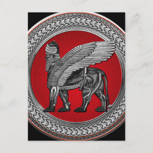 [100] Assyrian Winged Lion: Gold & Black Lamassu Postkarte