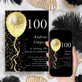 100. | Black & Gold Glitzer Ballon Birthday Einladung