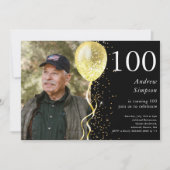 100. | Black & Gold Glitzer Foto Geburtstag Einladung (Vorderseite)