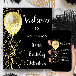 100. | Black & Gold Glitzer Geburtstag Begrüßung Poster