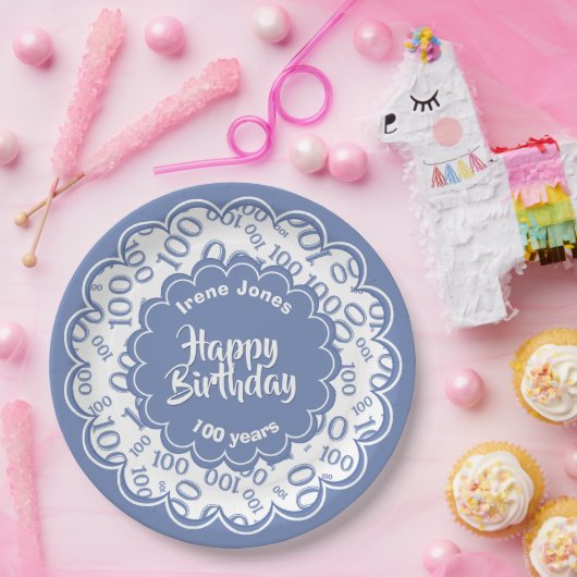 100. Blau/Weiß-Zufallszahlenmuster Pappteller (Party)