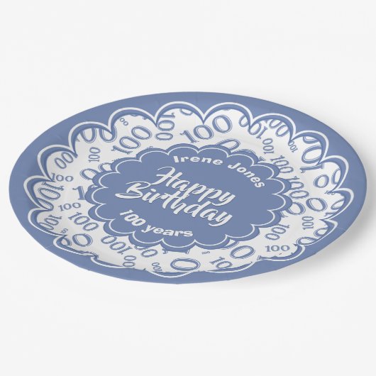 100. Blau/Weiß-Zufallszahlenmuster Pappteller (Schrägansicht)